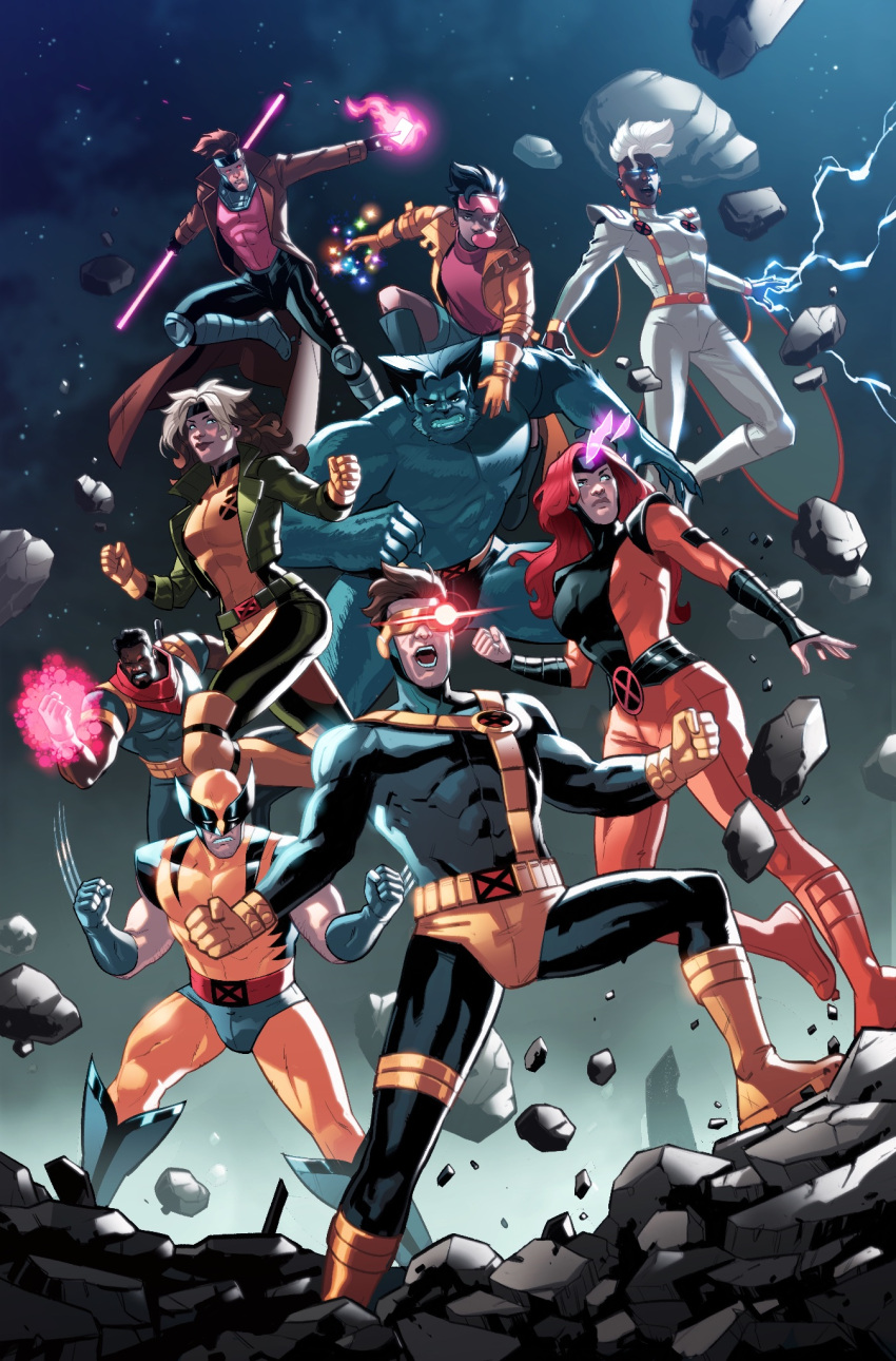 4girls, 5boys, beast_(x-men), bishop_(x-men), bodysuit, brown_hair, claw_(weapon), claws