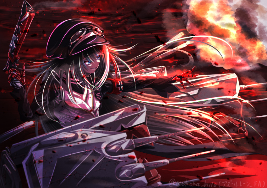1girl, armband, azur_lane, black_hair, blue_eyes, cannon, cross, deutschland_(azur_lane), eyewear_on_headwear, firing, goggles, goggles_on_headwear, gun, hand_up, handgun, hat, highres, iron_cross, mechanical_hands, multicolored_hair, nekoka-no-hito, ocean, peaked_cap, rigging, solo, streaked_hair, turret, weapon