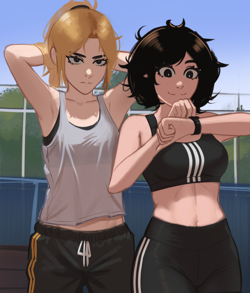 2girls, absurdres, adidas, armpits, arms_behind_head, arms_up, black_eyes, black_hair