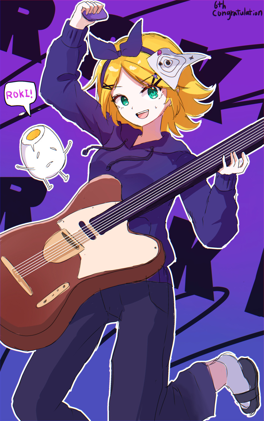 1girl, :d, absurdres, ankle_socks, arm_above_head, black_footwear, blonde_hair, bow