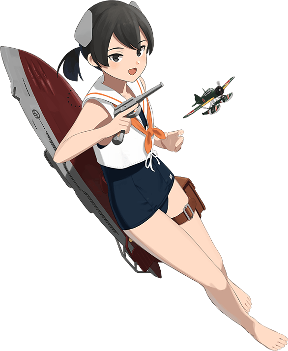 1girl, aircraft, airplane, black_eyes, black_hair, blue_one-piece_swimsuit, full_body, gun