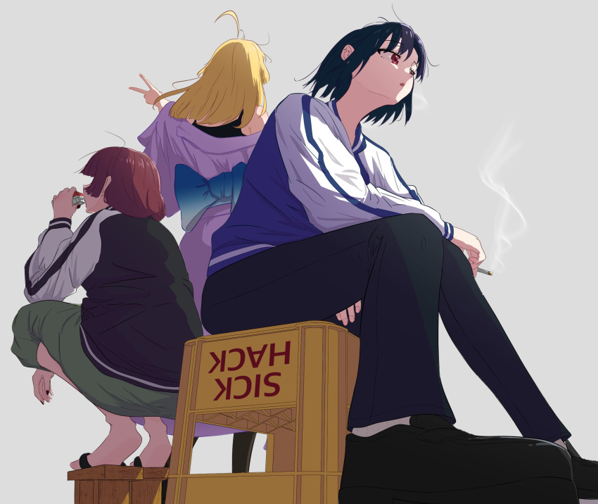 3girls, ahoge, alcohol, alcohol_carton, band, black_hair, blonde_hair, bocchi_the_rock!