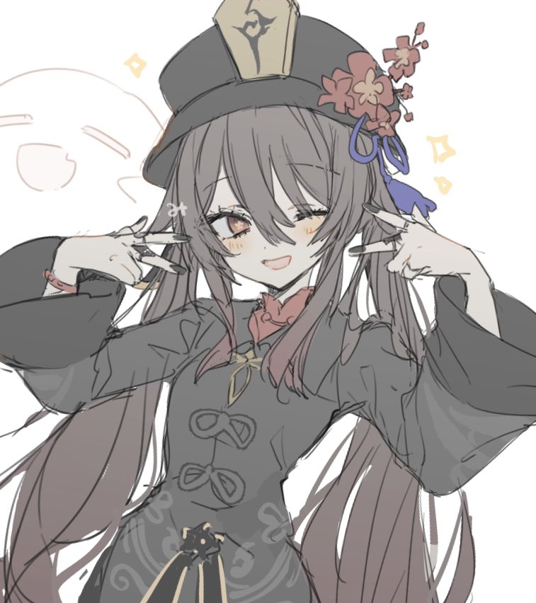1girl, black_headwear, black_jacket, black_nails, boo_tao_(genshin_impact), breasts, brown_hair, bucket_hat