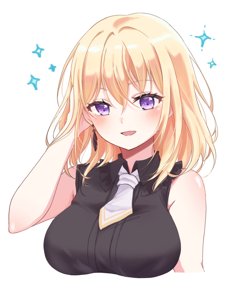 1girl, adjusting_hair, bang_dream!, bang_dream!_it's_mygo!!!!!, black_shirt, blonde_hair, blush, breasts