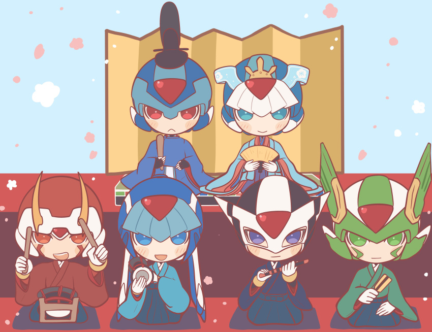 1girl, 5boys, absurdres, black_headwear, blue_eyes, blue_headwear, blush_stickers, chibi