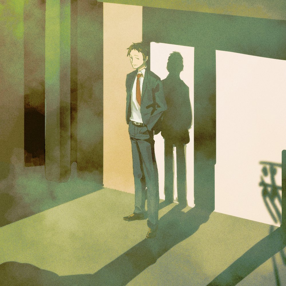1boy, adachi_tooru, black_hair, black_jacket, black_pants, black_suit, collared_shirt, fog