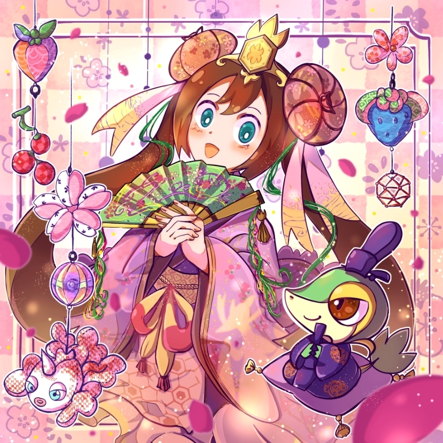 1girl, :d, alternate_costume, blush, bright_pupils, brown_hair, clothed_pokemon, commentary_request, cushion, double_bun, falling_petals, green_eyes, hair_bun, hair_ribbon, hand_fan, hands_up, hinamatsuri, holding, holding_fan, japanese_clothes, kimono, long_hair, looking_at_viewer, n_yurikun, open_mouth, paper_fan, petals, pink_kimono, pink_ribbon, pokemon, pokemon_(creature), pokemon_bw2, ribbon, rosa_(pokemon), sash, smile, snivy, twintails, white_pupils, wide_sleeves