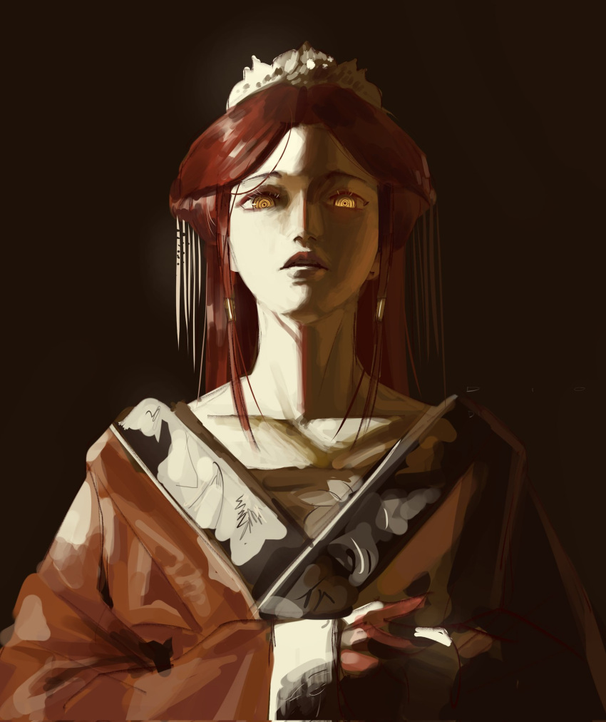 1girl, alternate_costume, arondiolex, brown_background, brown_hair, chainsaw_man, collarbone, english_commentary