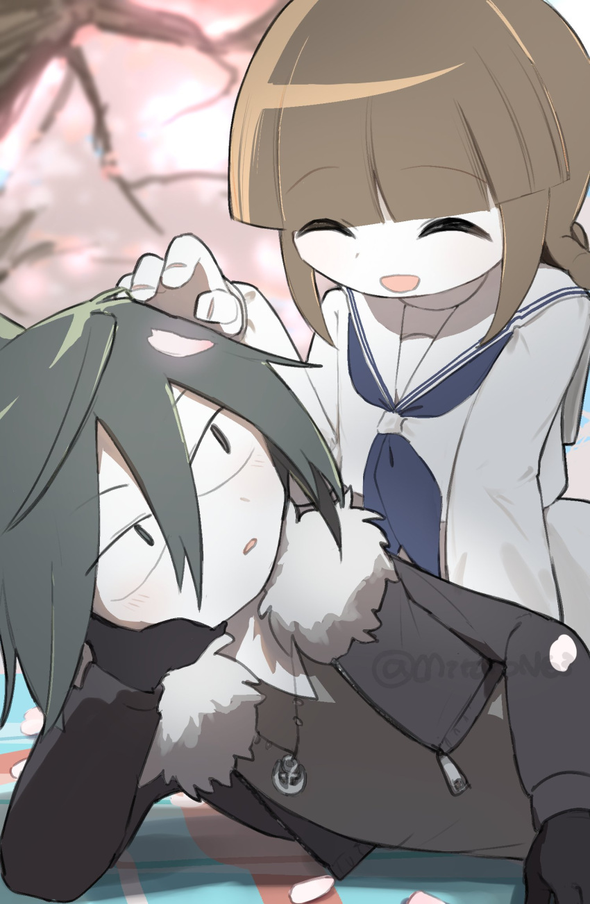 1boy, 1girl, :d, anchor_necklace, aqua_hair, black_shirt, blue_neckerchief, blunt_bangs