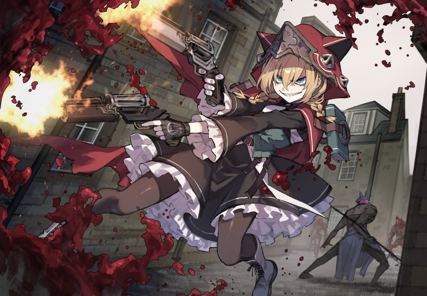 1girl, animal_ear_hood, animal_ears, battle, black_dress, black_gloves, blonde_hair, blood