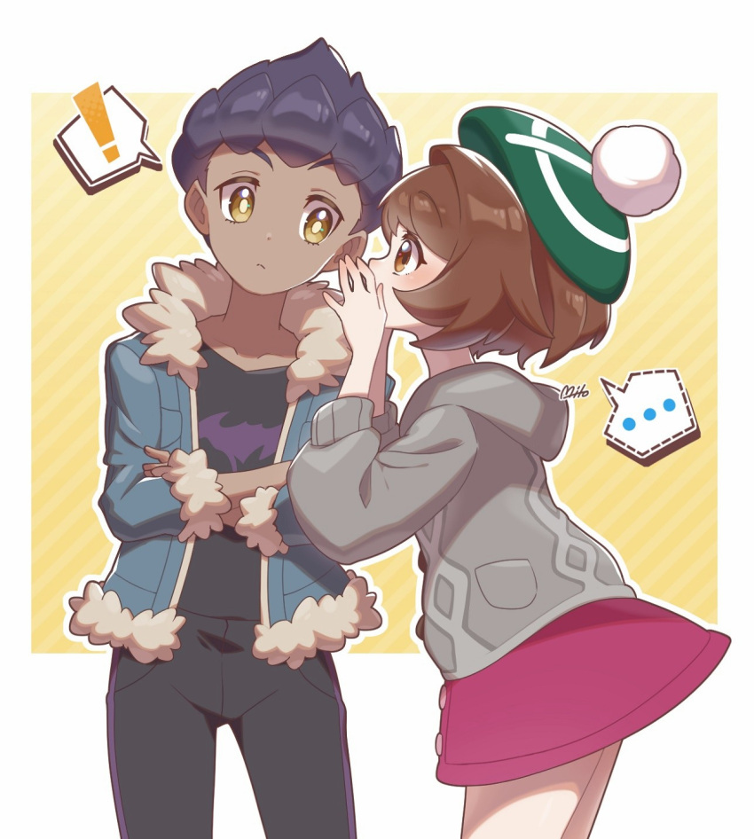 !, ..., 1boy, 1girl, border, bright_pupils, brown_eyes, brown_hair