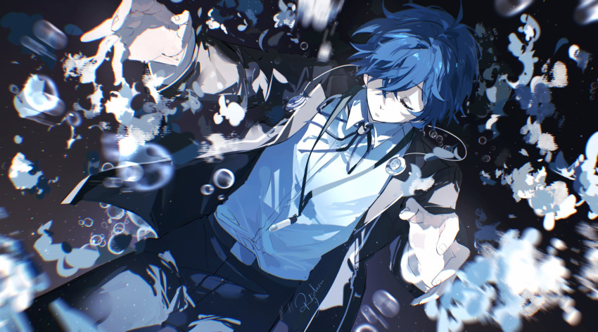 1boy, black_jacket, black_pants, blazer, blue_hair, blue_ribbon, blue_shirt, closed_eyes