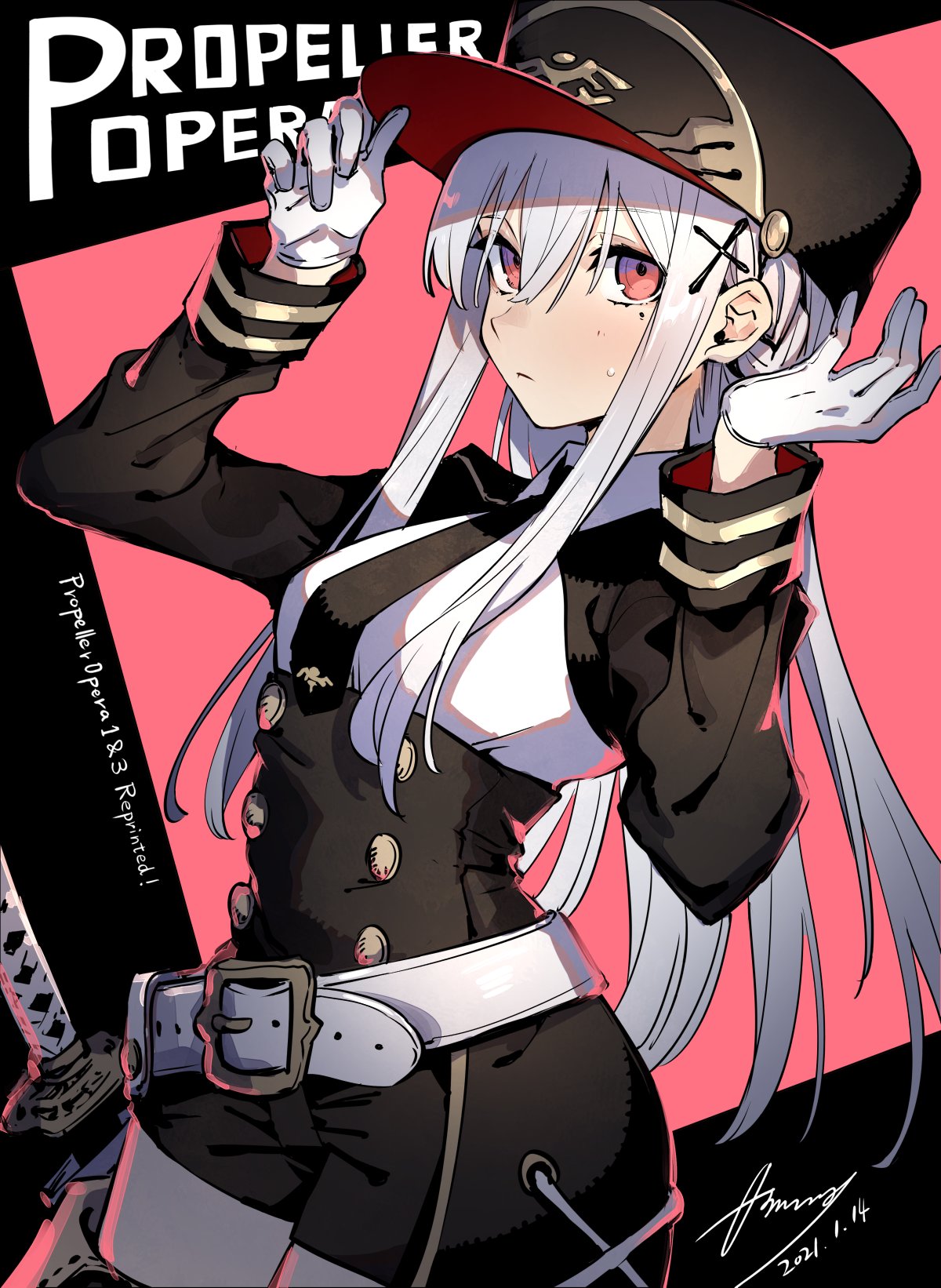 1girl, adjusting_clothes, adjusting_headwear, belt, black_headwear, black_necktie, black_shorts, buttons