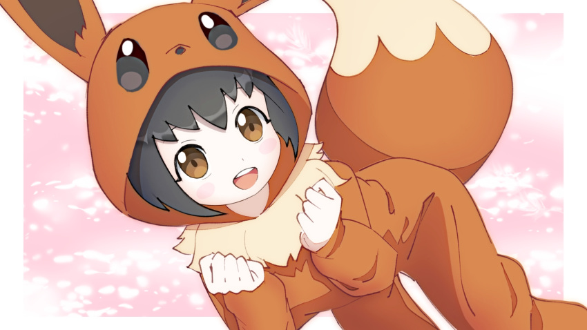 1girl, :d, bent_over, black_hair, border, brown_eyes, clenched_hands, commentary_request