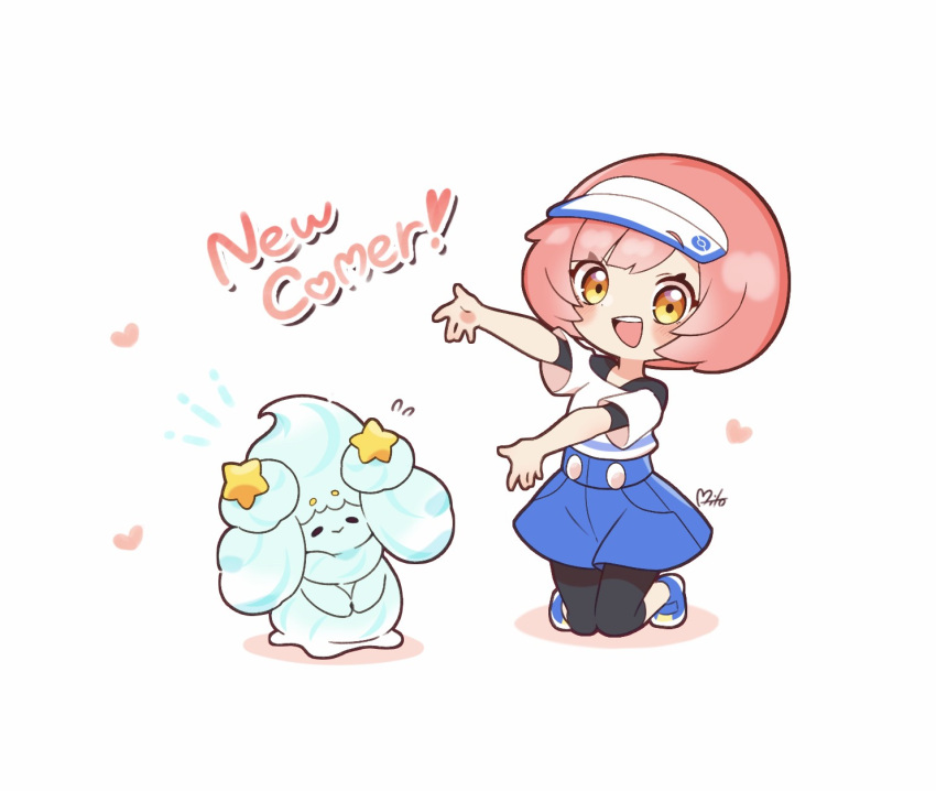 1girl, :d, alcremie, bettie_(pokemon), black_leggings, blue_footwear, blush, chibi