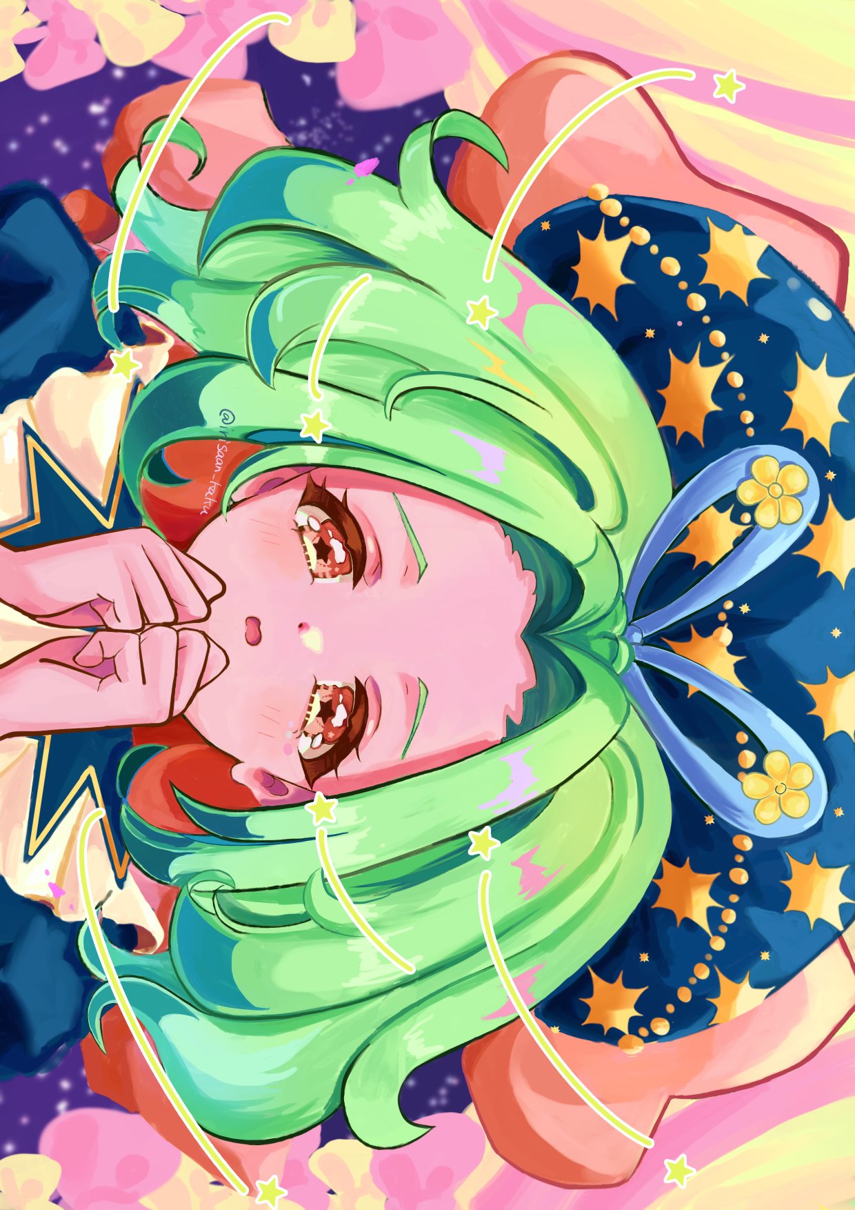 1girl, blue_headwear, blush, dot_nose, forehead, green_hair, hair_ribbon, highres