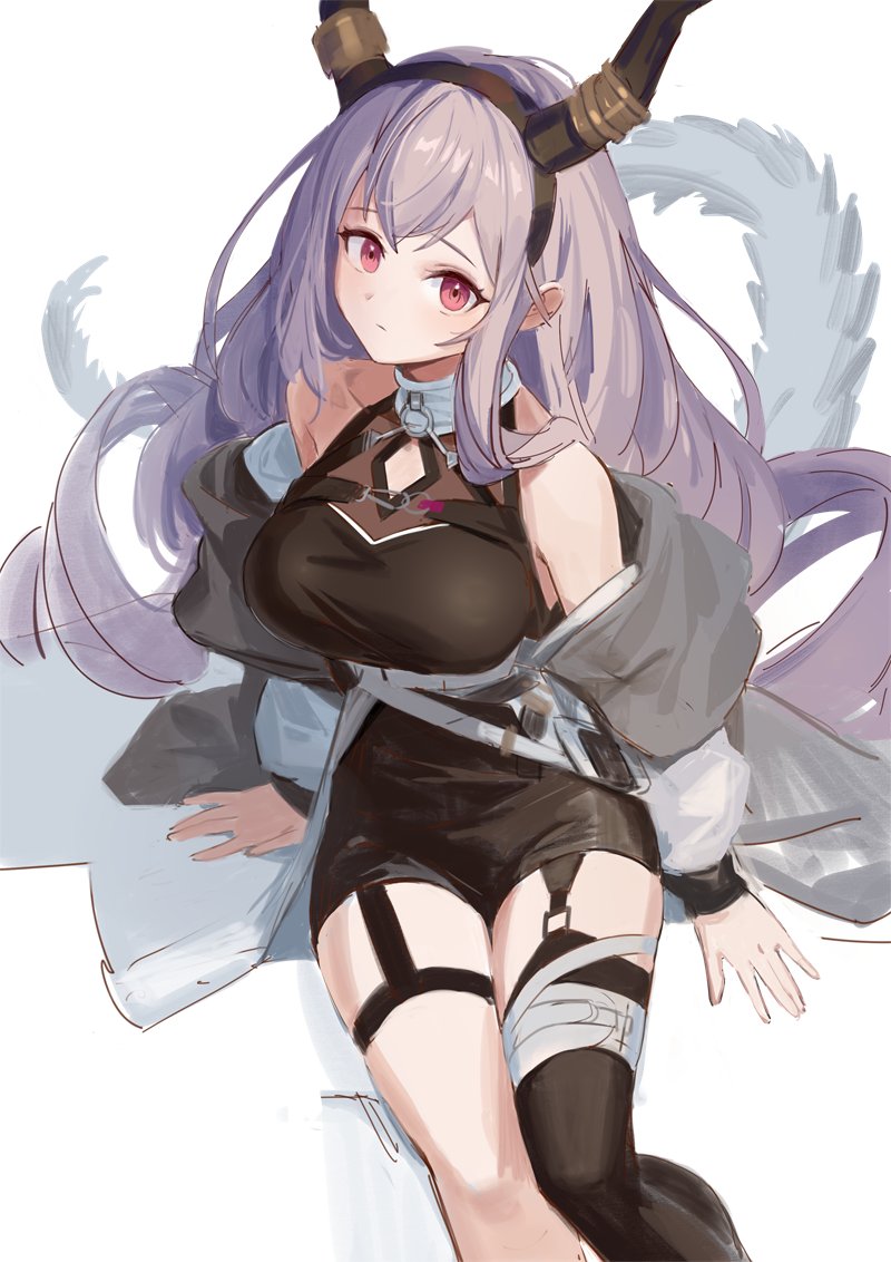 1girl, arknights, breasts, coat, horns, kegani_(kegani01), large_breasts, legwear_garter