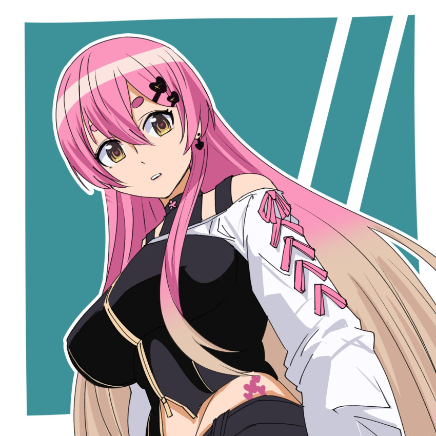 1girl, aizono_manami_(5th_costume), black_pants, border, breasts, brown_hair, crop_top, cross-laced_clothes, cross-laced_sleeves, double-parted_bangs, earrings, from_below, gradient_hair, green_background, hair_between_eyes, hair_ornament, hairclip, heart, heart_earrings, heart_hair_ornament, heart_in_eye, heart_tattoo, highres, hip_tattoo, jewelry, large_breasts, long_bangs, long_sleeves, looking_at_viewer, looking_down, looking_to_the_side, midriff, multicolored_hair, nijisanji, outside_border, pants, parted_lips, partially_unzipped, pink_hair, pink_ribbon, ribbon, short_eyebrows, solo, symbol_in_eye, tattoo, thick_eyebrows, two-tone_hair, uchisa, virtual_youtuber, white_border, yellow_eyes, zipper, zipper_pull_tab