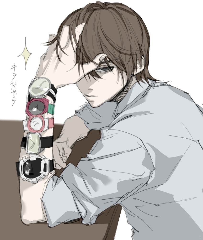 1boy, absurdres, black_eyes, brown_hair, closed_mouth, death_note, derivative_work, falsa_azu