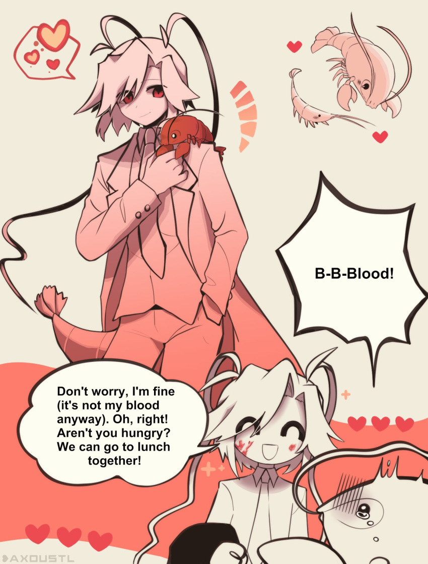 1girl, :d, animalization, antenna_hair, artist_name, blazer, blood, blood_on_face, cherryblod_(wadanohara), commentary_request, curtained_hair, english_text, father_and_daughter, funamusea, heart, highres, jacket, lobco_(wadanohara), necktie, notice_lines, oounabara_to_wadanohara, open_clothes, open_jacket, partially_colored, red_eyes, redhead, short_hair, shrimp, smile, spanish_commentary, spoken_heart, strawb3rr1bl00d, tail, tuxedo