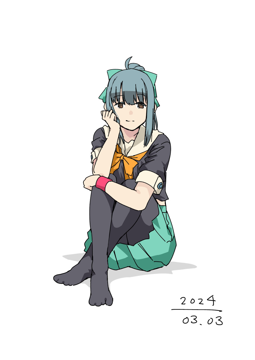 1girl, absurdres, ahoge, black_pantyhose, black_shirt, bow, brown_eyes, dated, green_bow, green_skirt, hair_bow, highres, kantai_collection, orange_bow, pantyhose, pleated_skirt, ponytail, rockborder, sailor_collar, school_uniform, serafuku, shirt, sidelocks, simple_background, sitting, skirt, solo, white_background, white_sailor_collar, yuubari_(kancolle)