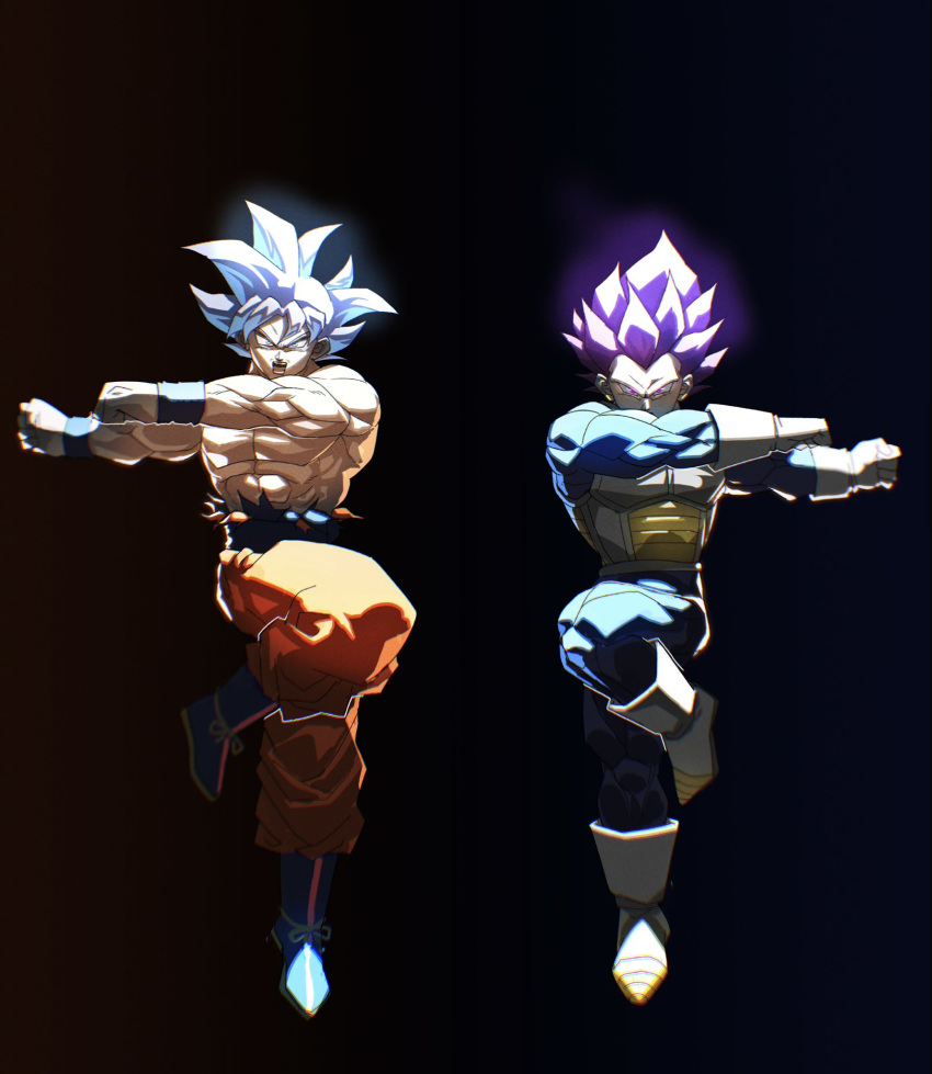 2boys, armor, blue_footwear, boots, dark_background, dragon_ball, dragon_ball_super, fusion_dance, gloves, highres, medium_hair, multiple_boys, muscular, muscular_male, orange_pants, pants, purple_hair, son_goku, spiky_hair, standing, standing_on_one_leg, tkht_9315, topless, ultra_ego_(dragon_ball), ultra_instinct, vegeta, violet_eyes, white_eyes, white_footwear, white_gloves, white_hair
