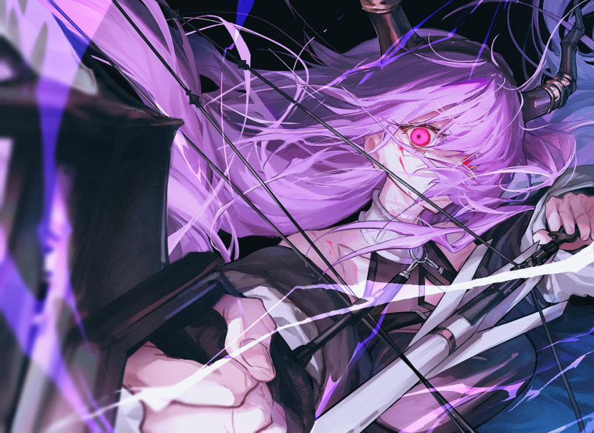 1girl, arknights, bare_shoulders, black_hairband, black_horns, black_shirt, bow_(weapon), collarbone