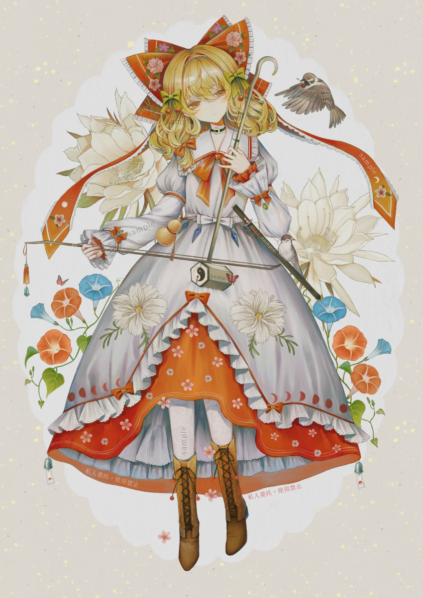 1girl, blonde_hair, blue_flower, dress, erhu, flower, highres, hourai_kiriri