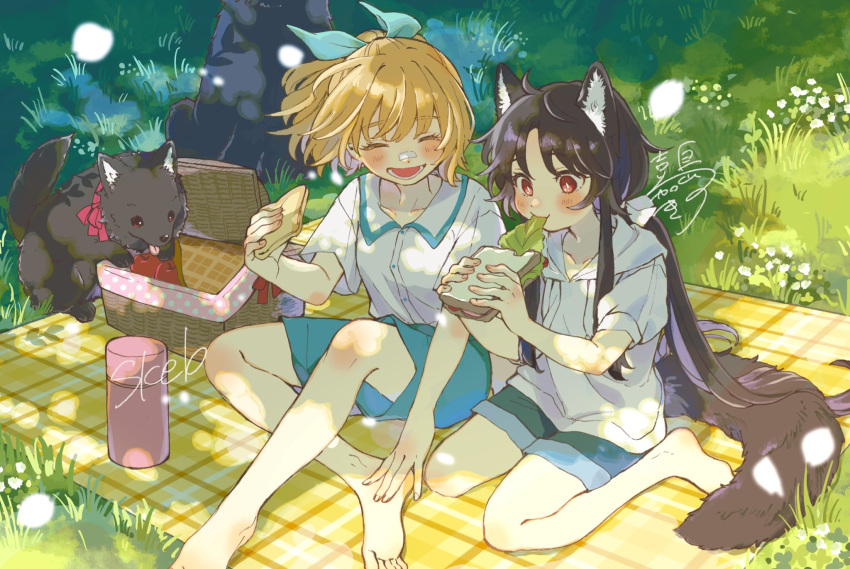 2girls, ^_^, animal, animal_ears, apple, bandaid, bandaid_on_face, bandaid_on_nose, barefoot, black_hair, blanket, blonde_hair, blue_shorts, bow, bright_pupils, closed_eyes, collar, commission, crossed_ankles, dappled_sunlight, day, dog, dog_ears, dog_girl, dog_tail, eating, food, food_in_mouth, from_above, fruit, full_body, grass, hair_bow, hair_ribbon, highres, holding, holding_food, hood, hood_down, hoodie, kashima_kino, long_hair, low_twintails, multiple_girls, open_mouth, original, outdoors, picnic, picnic_basket, picnic_blanket, plaid_blanket, ponytail, red_eyes, ribbon, sandwich, scenery, shirt, shirt_tucked_in, short_hair, short_sleeves, shorts, signature, sitting, skeb_commission, slit_pupils, smile, sunlight, tail, twintails, wariza, white_hoodie, white_pupils, white_shirt