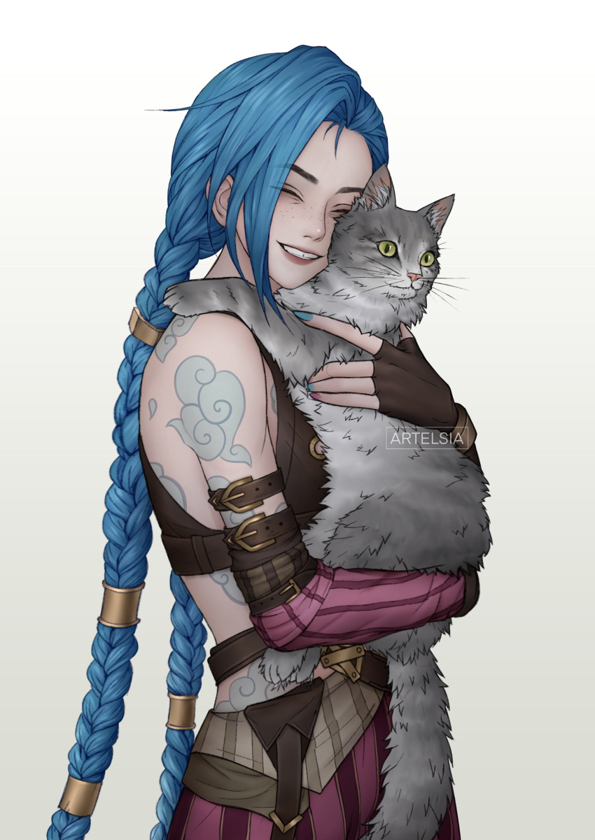 1girl, :d, absurdres, animal, arcane:_league_of_legends, arm_tattoo, artelsia, artist_name