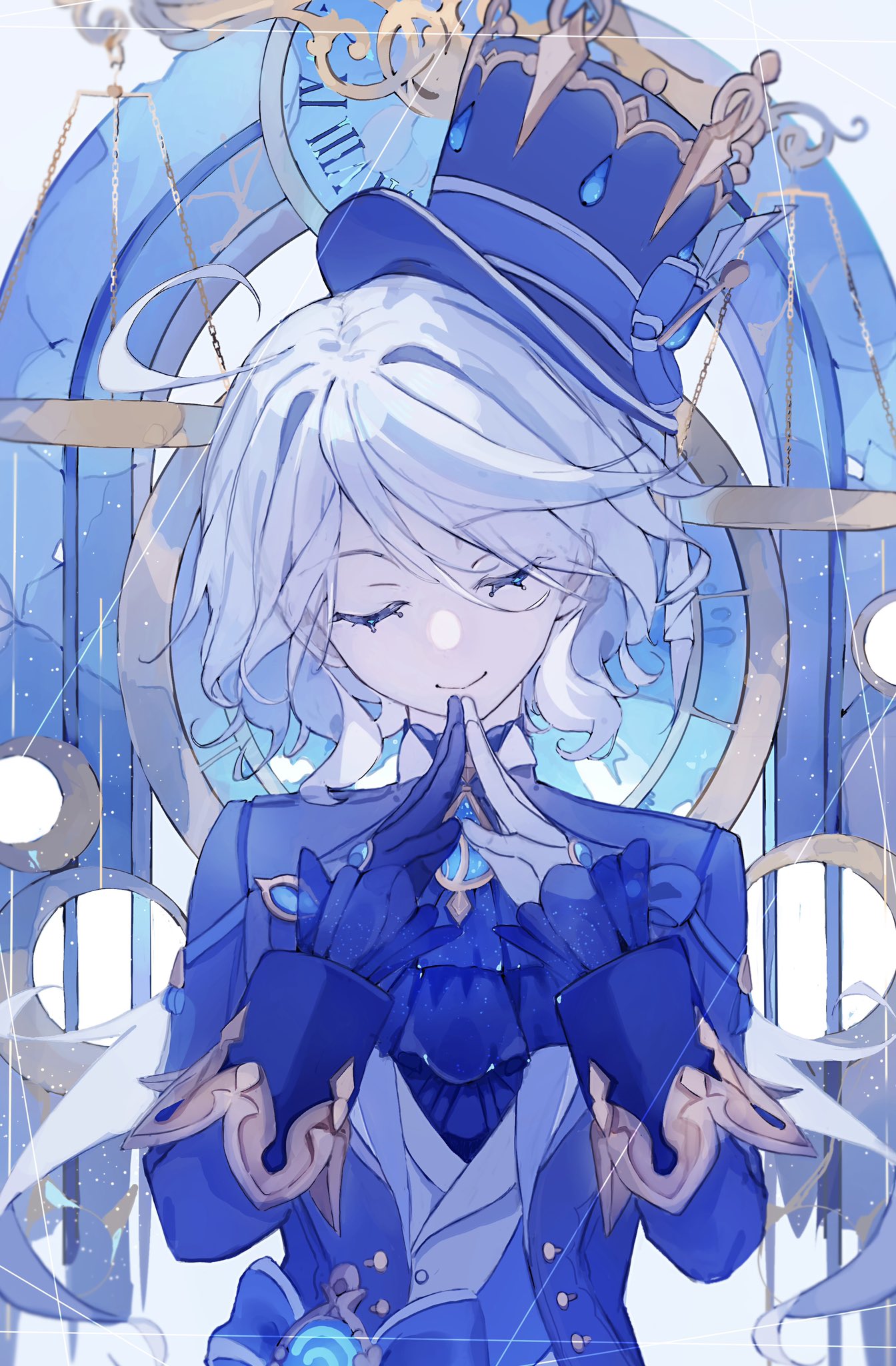 1girl, ahoge, ascot, asymmetrical_gloves, balance_scale, blue_ascot, blue_gloves, blue_headwear, blue_jacket, brooch, closed_eyes, closed_mouth, facing_viewer, furina_(genshin_impact), genshin_impact, gloves, hair_between_eyes, hair_intakes, hat, head_tilt, highres, jacket, jewelry, kagaku_o, long_hair, long_sleeves, low_twintails, mismatched_gloves, simple_background, smile, solo, steepled_fingers, top_hat, twintails, upper_body, vision_(genshin_impact), weighing_scale, white_background, white_gloves, white_hair