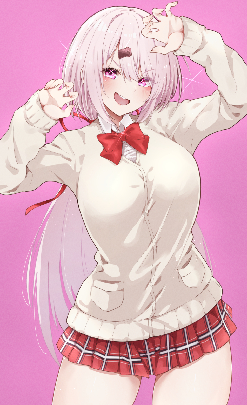 1girl, bow, bowtie, breasts, cardigan, claw_pose, highres, kurokubo_(yakekubo)
