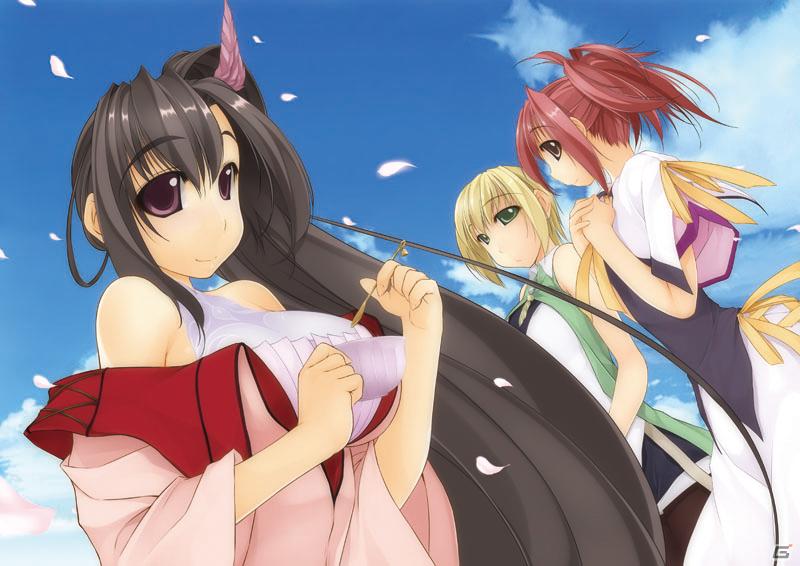 3girls, annette_harvey, atelier-moo, bare_shoulders, black_hair, blonde_hair, blue_sky, breasts