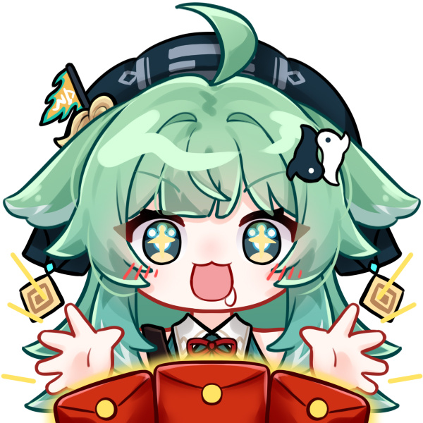 1girl, ahoge, animal_ears, blue_headwear, earrings, fox_ears, green_eyes, green_hair, hat, hongbao, honkai:_star_rail, honkai_(series), huohuo_(honkai:_star_rail), jewelry, long_hair, open_mouth, red_ribbon, ribbon, smile, solo, xu_baobao_jintian_tian_kengle_ma, yin_yang_hair_ornament