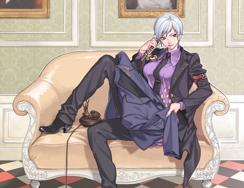 1girl, antique_phone, black_footwear, black_necktie, black_pants, breasts, brown_eyes, checkered_floor