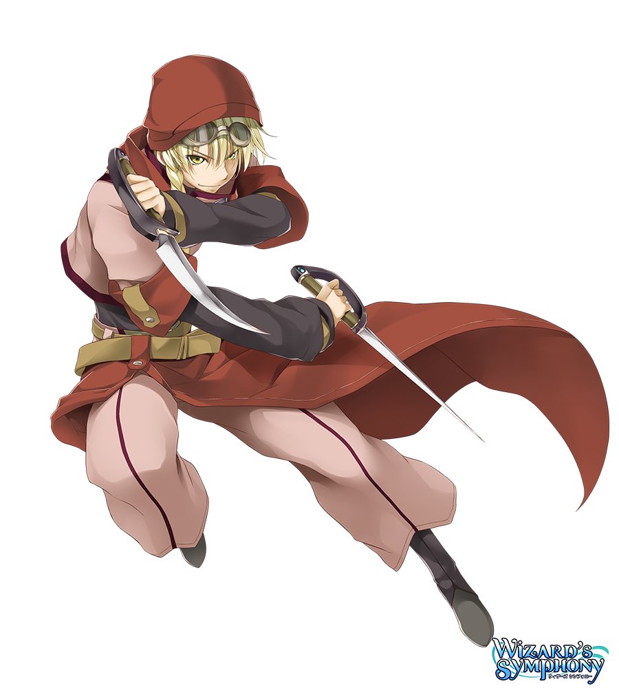 1boy, atelier-moo, belt, blonde_hair, braid, closed_mouth, copyright_name, dagger