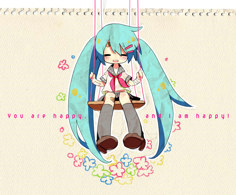 bandages, bandaid, closed_eyes, english, hair_ornament, hairclip, happy, hatsune_miku