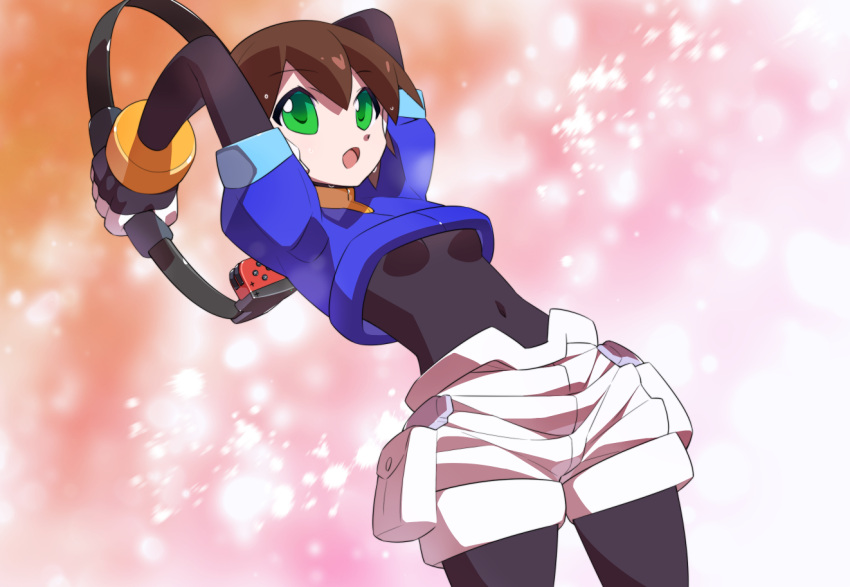 1girl, aile_(mega_man_zx), armor, arms_behind_head, black_bodysuit, blue_jacket, bodysuit, bodysuit_under_clothes