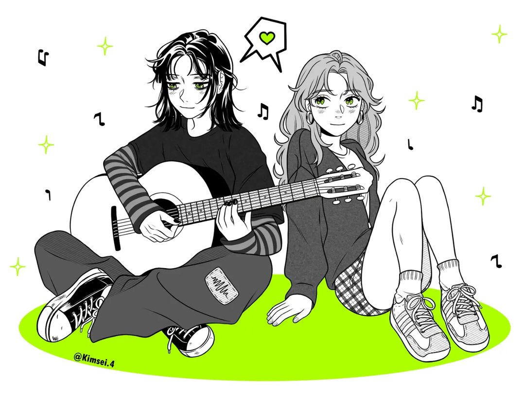2girls, acoustic_guitar, baggy_pants, beamed_eighth_notes, black_nails, blush, cardigan, commentary