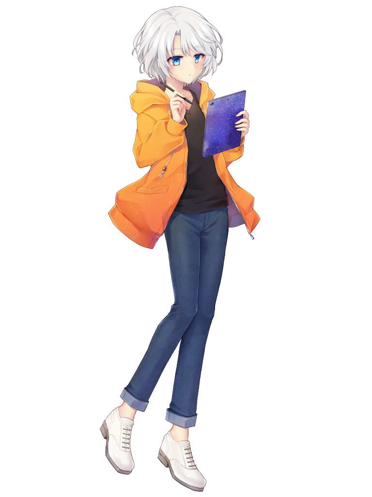 1boy, black_shirt, blue_eyes, dairoku_ryouhei, denim, full_body, holding, holding_tablet_pc, hood, hood_down, jacket, jeans, mistufuki_(32fk_n), pants, shirt, short_hair, solo, standing, sunset_graeme, tablet_pc, transparent_background, white_footwear, white_hair, yellow_jacket
