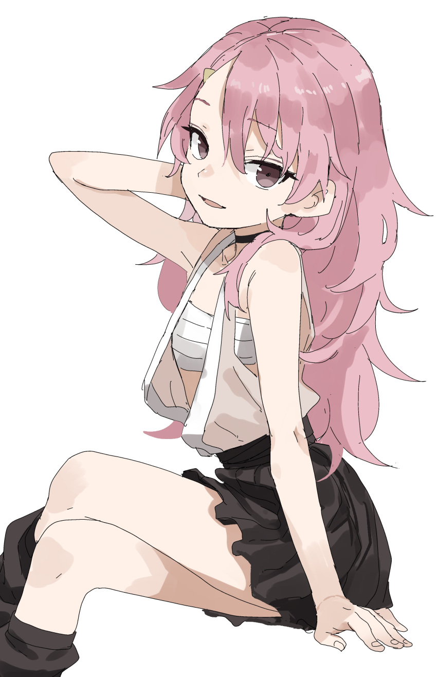 1girl, absurdres, bare_arms, bare_shoulders, benisumomo, black_choker, black_skirt, black_socks