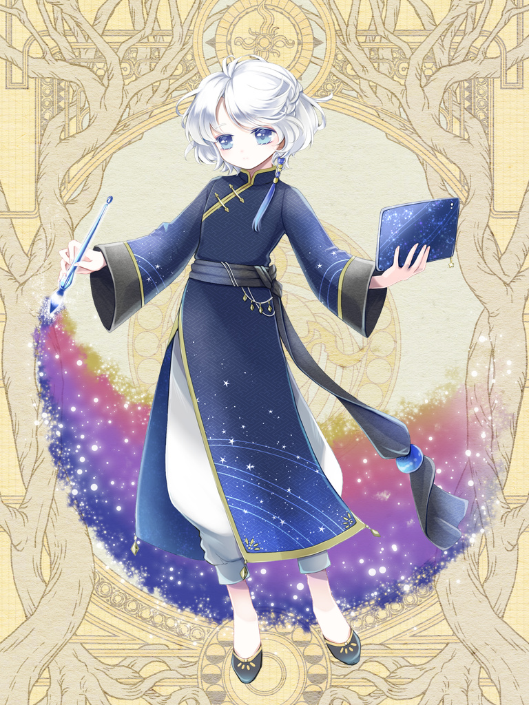 1boy, black_footwear, blue_eyes, dairoku_ryouhei, full_body, hair_ornament, holding, holding_paintbrush, holding_tablet_pc, long_sleeves, paintbrush, seno_(tw), short_hair, solo, standing, sunset_graeme, tablet_pc, tassel, tassel_hair_ornament, white_hair, yellow_background