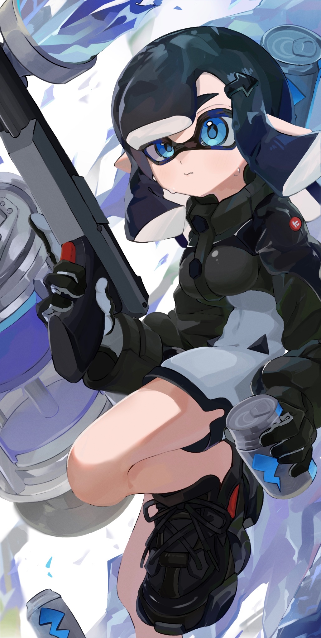 1girl, black_footwear, black_gloves, black_hair, black_jacket, blue_eyes, breasts, can
