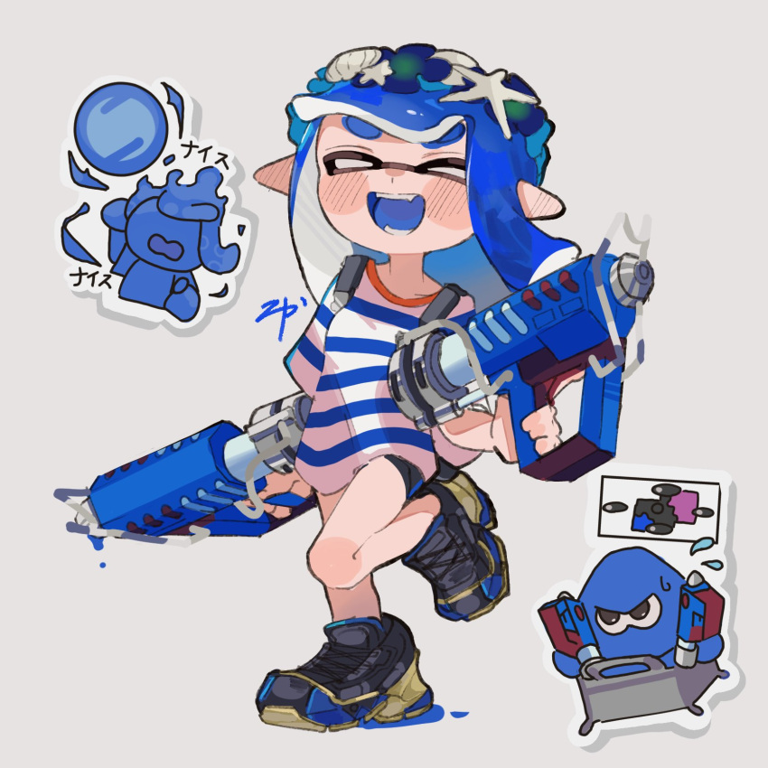 1girl, :d, black_footwear, black_shorts, blue_hair, blue_shirt, blush, booyah_bomb_(splatoon)