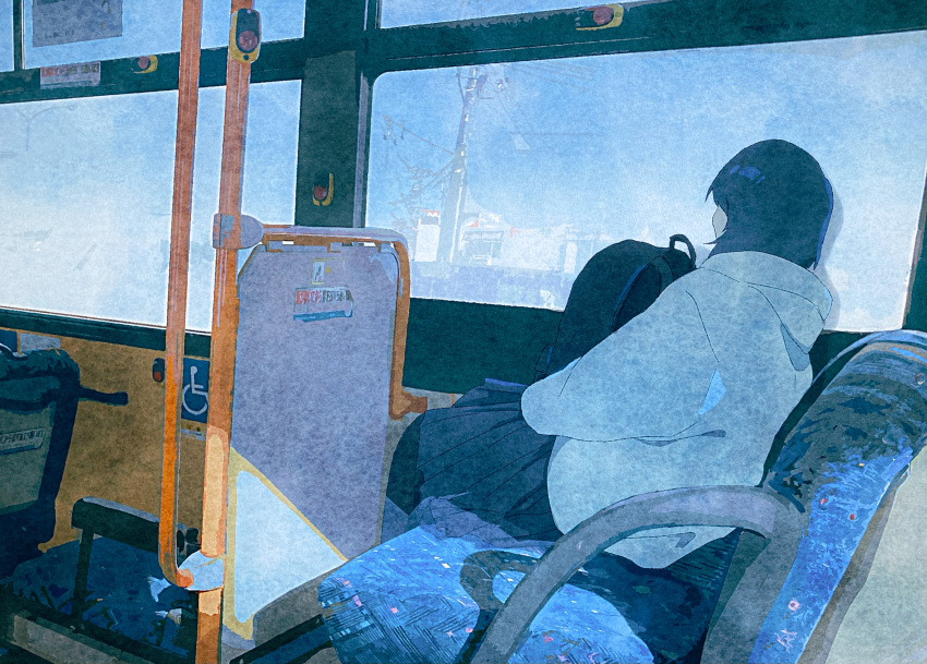 1girl, absurdres, arima_haruka, backpack, bag, bag_on_lap, black_bag, black_hair, black_skirt, bus_interior, day, highres, hood, hood_down, hooded_jacket, jacket, long_sleeves, pleated_skirt, puffy_long_sleeves, puffy_sleeves, sazanami_no_shoujo-tachi, short_hair, sitting, skirt, solo, soma_michiko, sunlight, white_jacket, window