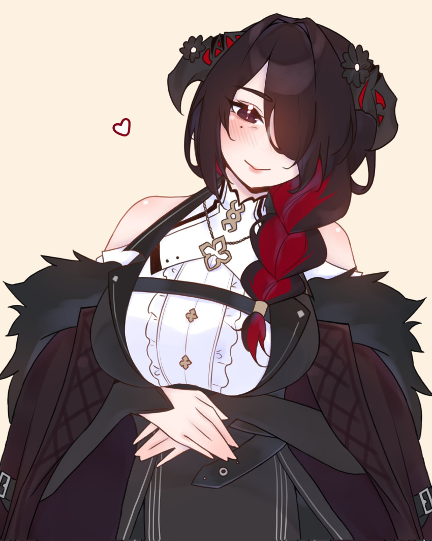 1girl, bare_shoulders, black_hair, braid, breasts, colored_inner_hair, demon_horns, frilled_shirt, frills, hair_over_one_eye, highres, hololive, hololive_english, horns, hoshiiii_art, large_breasts, long_hair, looking_at_viewer, mamarissa, mature_female, mole, mole_under_eye, multicolored_hair, red_eyes, redhead, shirt, smile, two-tone_hair, virtual_youtuber