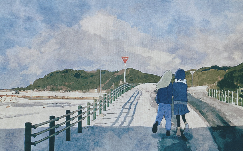 2girls, arima_haruka, black_footwear, black_hair, black_jacket, black_pantyhose, black_skirt, black_sweater, blonde_hair, blue_pants, blue_sky, brown_footwear, clouds, day, facing_away, from_behind, hands_in_pockets, highres, jacket, long_hair, long_sleeves, multiple_girls, outdoors, pants, pantyhose, pleated_skirt, railing, road, road_sign, sazanami_no_shoujo-tachi, scarf, scenery, shoe_soles, shoes, short_hair, sign, skirt, sky, soma_michiko, standing, stop_sign, sunlight, sweater, toratani_rin, walking, white_scarf