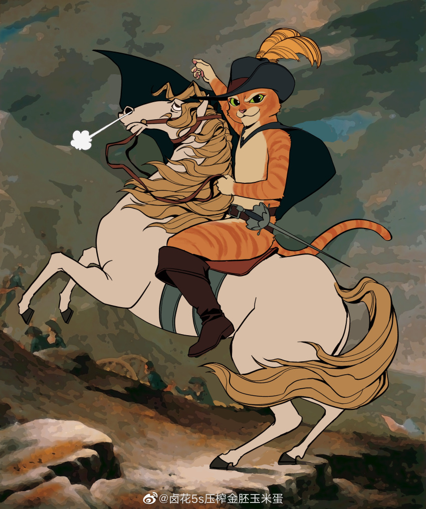 1boy, absurdres, animal_ears, boots, cat_boy, cat_ears, cat_tail, dan_(59736969), fine_art_parody, frown, furry, furry_male, highres, horseback_riding, looking_at_viewer, male_focus, napoleon_crossing_the_alps, parody, puss_in_boots_(shrek), riding, short_hair, shrek_(series), smile, solo, steam_from_nose, sword, tail, weapon