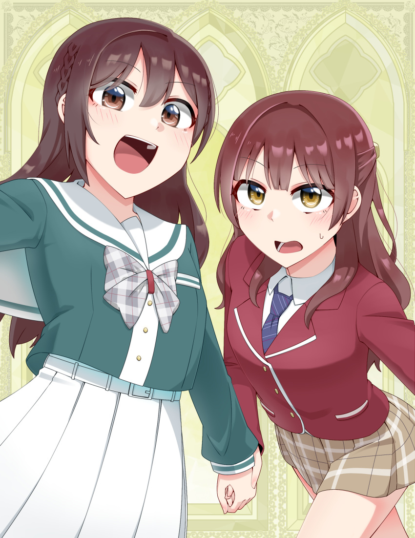 2girls, absurdres, belt, blush, bow, brown_eyes, brown_hair, brown_skirt