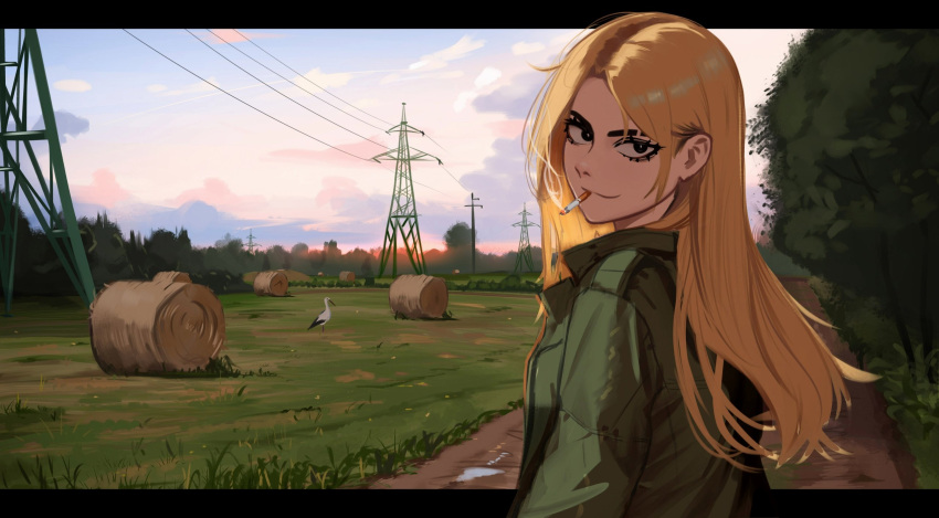 1girl, bird, black_eyes, blonde_hair, cigarette, clouds, cloudy_sky, dirt_road